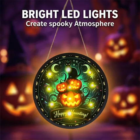 Cartello Sospeso in Legno di Halloween Zucca Gatto Nero LED Luminoso Decorazione Parete Festa Casa