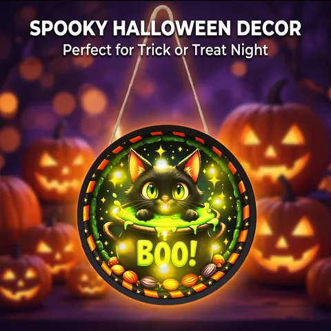Halloween Gatto Nero Luminoso in Legno Targa Appesa con Luci LED Spettrale Decorazione da Parete per Festa