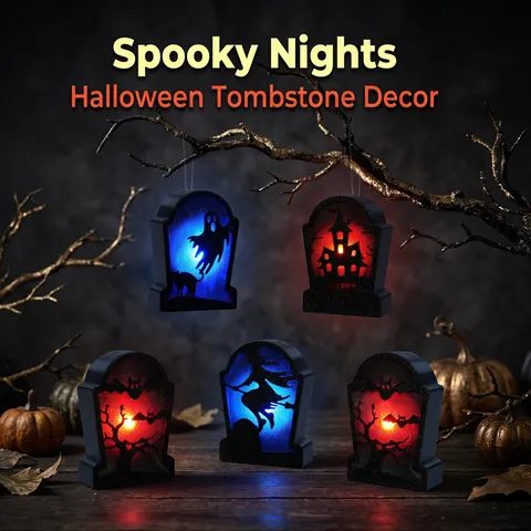 Halloween Hanging LED Light Tombstone Coffin Ornament Glow Party Decoration Props Spooky Festival Decor