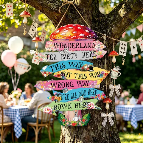 Wooden Alice in Wonderland Hanging Sign Party Decoration Multi Layer Arrow Street Sign
