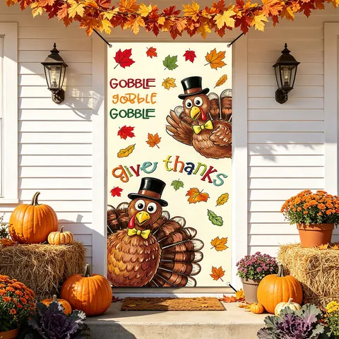 Dankdag Pompoen Kalkoen Deurgordijn Polyester Stof Hangende Banner Herfst Oogst Feest Huisdecoratie