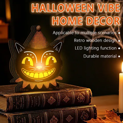 Retro Halloween Wooden Luminous Ornament LED Light Pumpkin Cat Skeleton Ghost Festival Party Tabletop Decor