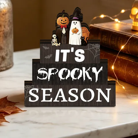 Halloween Wooden Pumpkin Ghost Desktop Ornament LED Light Up Tiered Tray Decor Festival Party Home Decoration