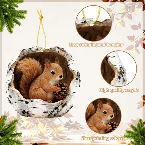 Acrylic Tree Hole Animal Hanging Ornament Mini 3D Visual Christmas Tree Decor with Gold Cord