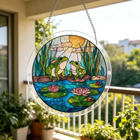 Acrylic Suncatcher Window Hanging Ornament Stained Glass Frog And Water Lily Puzzle Hanging Sign Home Decor