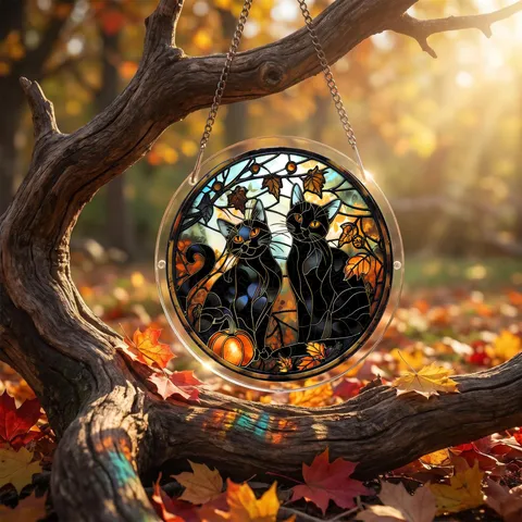 Halloween Acryl Sonnenfänger Hängende Ornament Doppelte Schwarze Katze Kürbis Buntglas Fenster Platte Festival Party Heimdekoration Geschenk