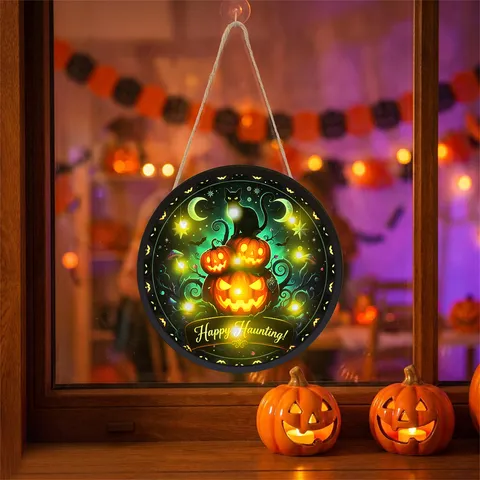 Cartello Sospeso in Legno di Halloween Zucca Gatto Nero LED Luminoso Decorazione Parete Festa Casa