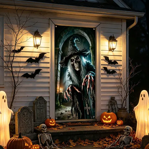 Halloween Door Curtain Banner Horror Skeleton Witch Backdrop Party Hanging Decoration Polyester Fabric Holiday Decor