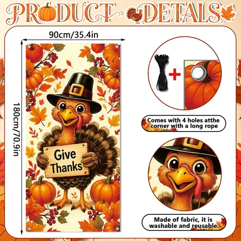 Thanksgiving Pumpkin Turkey Door Curtain Fabric Banner Fall Harvest Holiday Home Decoration Party Hanging Sign