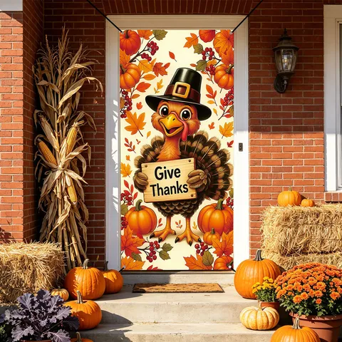 Thanksgiving Pumpkin Turkey Door Curtain Fabric Banner Fall Harvest Holiday Home Decoration Party Hanging Sign