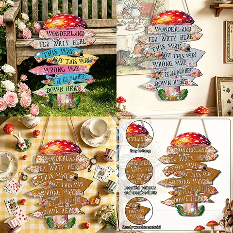 Wooden Alice in Wonderland Hanging Sign Party Decoration Multi Layer Arrow Street Sign