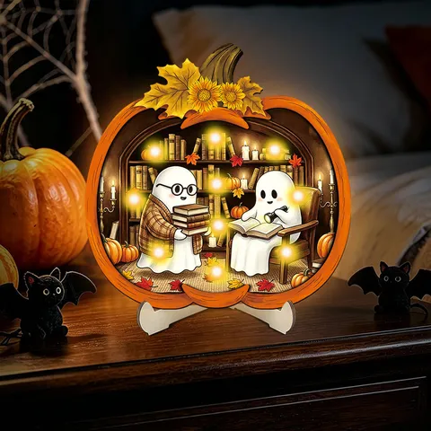 Halloween Holz Hängendes Schild LED Beleuchtet Kürbis Geist Desktop Ornament Heim Party Wanddekoration
