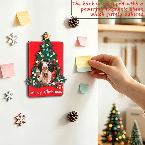 Noël Cadre Photo Magnétique en Bois 3D Aimant de Réfrigérateur Mignon Décoration d'Intérieur Cadeau de Fête de Vacances