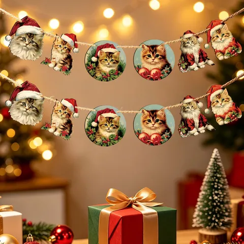 Natale Giarandola di Bunting in Legno Gatto Carino Ornamenti Sospesi Festa di Vacanza Decorazione della Stanza Forniture per la Casa