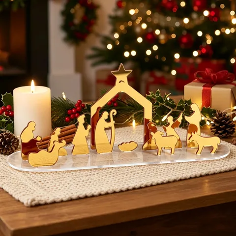 Kerst Kerststal Scène Acryl Decoratieve Ornament Goud Spiegel Desktop Ambacht Display Stand Huis Vakantie Feest Decor