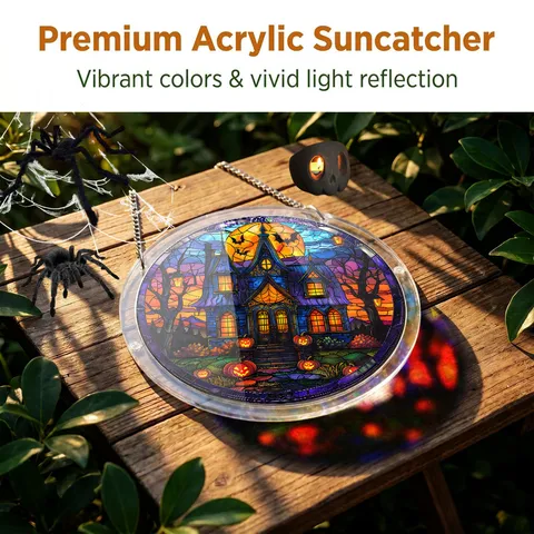 Atrapasol de Acrílico de Halloween Letrero Colgante de Ventana Estilo Vidrio Vitral Calabaza Castillo Colgante