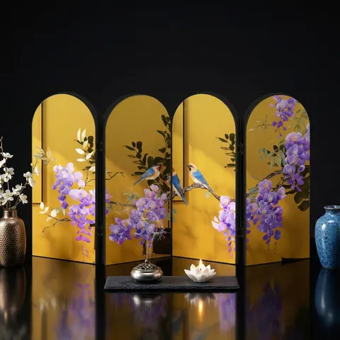 Chinese Style Acrylic Folding Screen Display Gold Silver Mirror Desktop Ornament Traditional Floral Home Decor