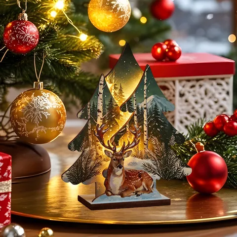 Adorno Luminoso de Mesa de Árbol de Navidad de Madera Tallado Hueco Alce Escena de Nieve Decoración de Escritorio Luz LED