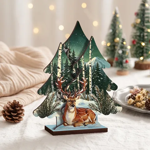 Adorno Luminoso de Mesa de Árbol de Navidad de Madera Tallado Hueco Alce Escena de Nieve Decoración de Escritorio Luz LED