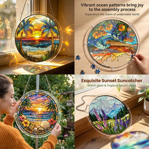 Acrylic Stained Glass Puzzle Suncatcher Tropical Sunset Sea Wave Window Hanging Pendant Home Decor With Chain