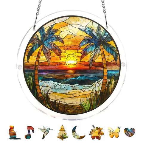 Acrylic Stained Glass Puzzle Suncatcher Tropical Sunset Sea Wave Window Hanging Pendant Home Decor With Chain