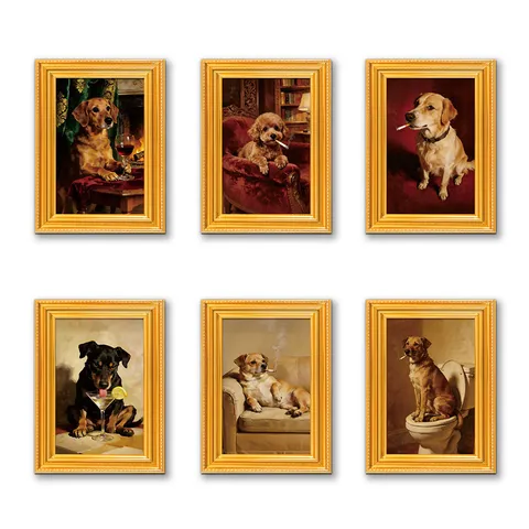 Grappige Hond Koelkastmagneet Retro Gouden Houten Fotolijst Leuke Dierenkunst Olieverf Schilderij Huis Keuken Decor