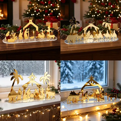 Kerst Kerststal Scène Acryl Decoratieve Ornament Goud Spiegel Desktop Ambacht Display Stand Huis Vakantie Feest Decor