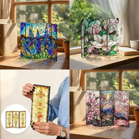 Mini Acrylic Folding Screen Desktop Ornament Begonia Pattern Translucent Decorative Screen Tabletop Display Stand