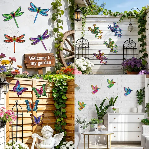 Arte da Parete in Metallo per Animali Decorazione Sospesa Colorata Scultura di Libellula Farfalla Gecko per Giardino Cortile Decorazioni per la Casa