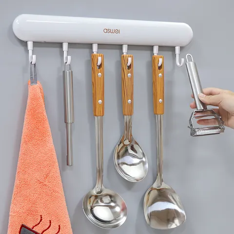 Gancho de Pared de Plástico Sin Perforaciones Soporte de 6 Ganchos Extraíbles Para Organizador de Almacenamiento de Cocina y Baño