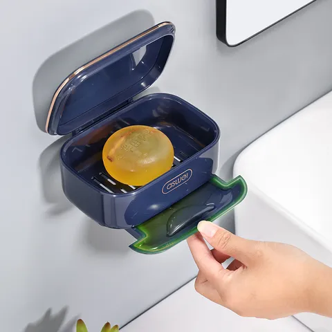 Wandmontierte Seifenschale mit Deckel Entwässerung ABS Seifenhalter Luxus Badezimmer Seife Aufbewahrung Organizer Box für Dusche