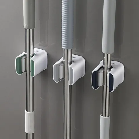 Stanzfreier Wandmontierter Mop Halter Besen Clip Aufbewahrungsregal Kunststoff Roller Organizer Für Badezimmer Und Küche