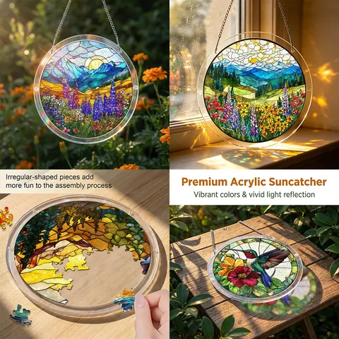 Acrylic Suncatcher Window Hanging Stained Glass Style Puzzle Pendant Floral Hummingbird Home Decor Gift