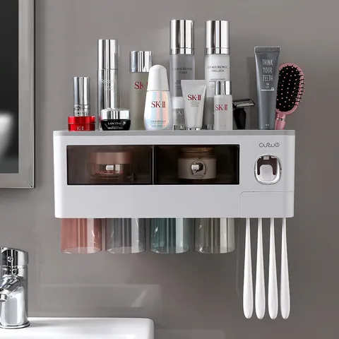 Wall Mounted Toothbrush Holder Punch Free Bathroom Organizer Set With Magnetic Mouthwash Cups And Toothpaste Dispenser