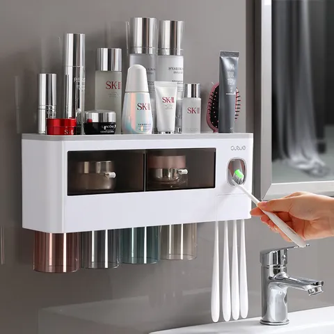 Wall Mounted Toothbrush Holder Punch Free Bathroom Organizer Set With Magnetic Mouthwash Cups And Toothpaste Dispenser