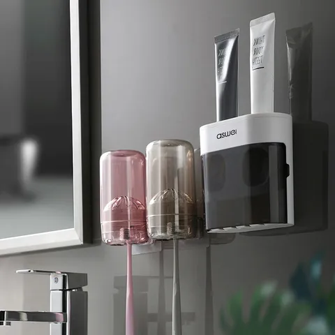 Portacepillos de Dientes de Pared Dispensador Automático de Pasta de Dientes Organizador de Almacenamiento de Baño Sin Perforación Plástico ABS Negro