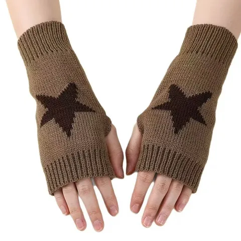 Star Pattern Jacquard Knitted Fingerless Gloves Autumn Winter Warm Arm Warmer Sleeves For Women Men Streetwear Accessories