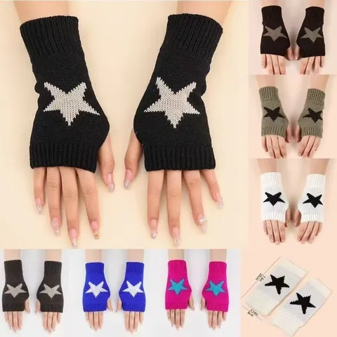 Star Pattern Jacquard Knitted Fingerless Gloves Autumn Winter Warm Arm Warmer Sleeves For Women Men Streetwear Accessories