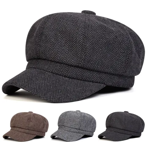 Vintage Herringbone Newsboy Cap For Men Women Retro British Octagonal Baker Boy Hat Autumn Winter Warm Flat Cap Accessory