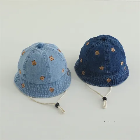 Kids Denim Bucket Hat Cute Cartoon Bear Embroidered Sun Hat With Windproof Strap Washed Denim Fishermans Hat For Toddlers