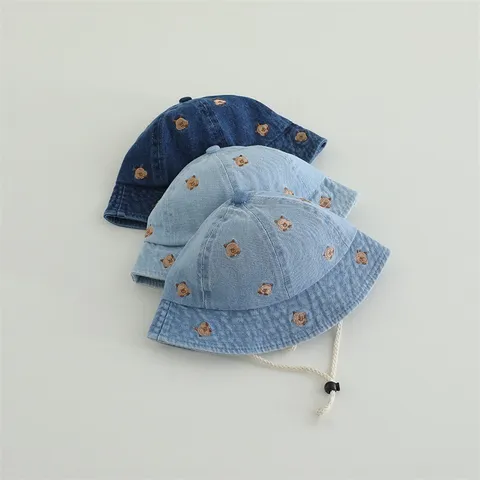 Kids Denim Bucket Hat Cute Cartoon Bear Embroidered Sun Hat With Windproof Strap Washed Denim Fishermans Hat For Toddlers