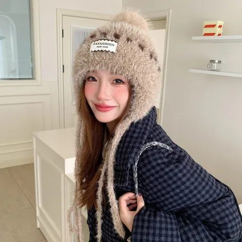Süß Niedlich Strick Ohrenklappen Beanie Mütze Für Damen Weich Plüsch Warm Winter Trapper Mütze Mit Bommel Quastenbänder Einfarbig Outdoor Ohrenschutz Kappe