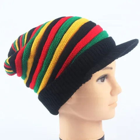 Reggae Style Jamaican Rainbow Striped Knitted Beanie With Brim Winter Warm Acrylic Slouchy Long Knit Hat For Men Women