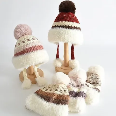 Bonnet Tricoté Épais d'Hiver Pour Enfants Avec Cache-Oreilles Pompon Doublé De Polaire Bonnet En Laine Chaud Pour Garçons Filles