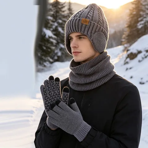 Conjunto De Gorro Beanie Bufanda Y Guantes Táctiles De Punto Cálido De Invierno Para Hombres Forro Polar Grueso Equipo Térmico