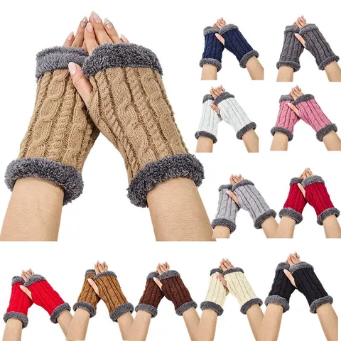 Winter Verdickte Zopfmuster Handschuhe Mit Plüschmanschette Warme Armwärmer Weiche Elastische Fingerlose Handschuhe Für Damen