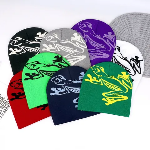 Winter Warm Gestrickt Beanie Mütze Für Damen Lässig Süß Frosch Muster Winddicht Verdickt Streetwear Pullover Totenkopf Mütze