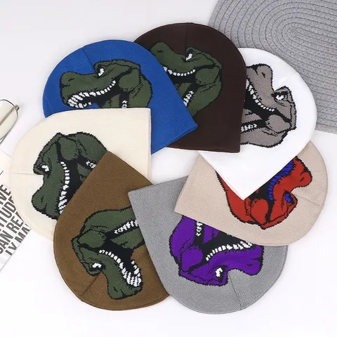 Winter Warm Knit Beanie Hat For Unisex Cute Dinosaur Jacquard Casual Outdoor Windproof Acrylic Skull Cap