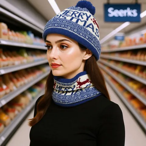 Christmas Deer Pattern Knitted Beanie Hat And Scarf Set Warm Fleece Lined Winter Pom Pom Hat Scarf For Women Men
