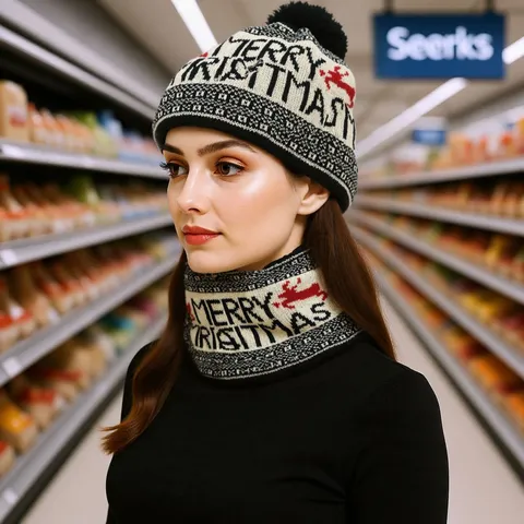 Christmas Deer Pattern Knitted Beanie Hat And Scarf Set Warm Fleece Lined Winter Pom Pom Hat Scarf For Women Men